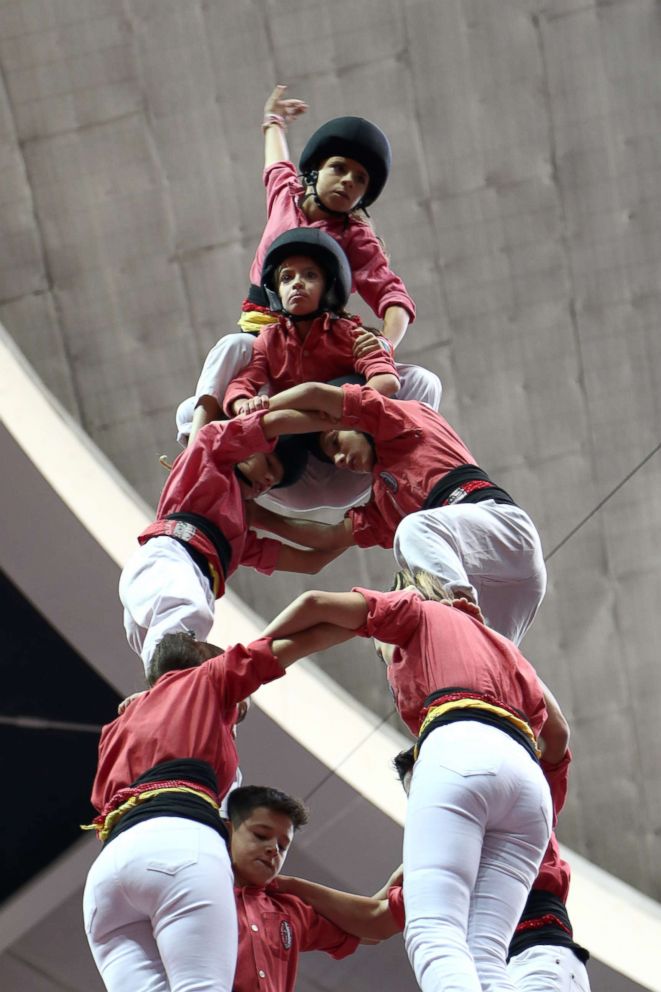 PHOTO: Members of Colla Vella dels Xiquets de Valls build a human tower during the 27th Tarragona Competition, Oct. 07, 2018 in Tarragona, Spain.