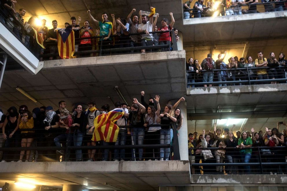 PHOTO:Nine leaders of the Catalan independence movement were jailed on Monday for sedition over their role in a failed independence bid, sparking mass protests across the region, Oct. 14, 2019, in Barcelona.