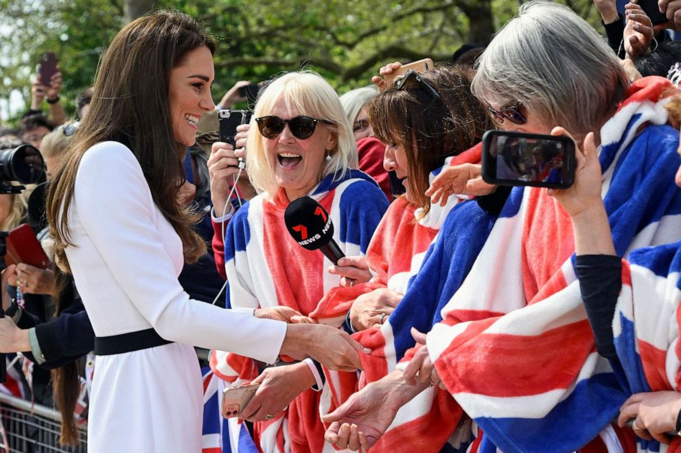 PHOTO: Catherine, Princess of Wales, meets well-wishers during a walkabout on the Mall outside Buckingham Palace ahead of the coronation of Britain's King Charles and Camilla, Queen Consorton, May 5, 2023 in London.