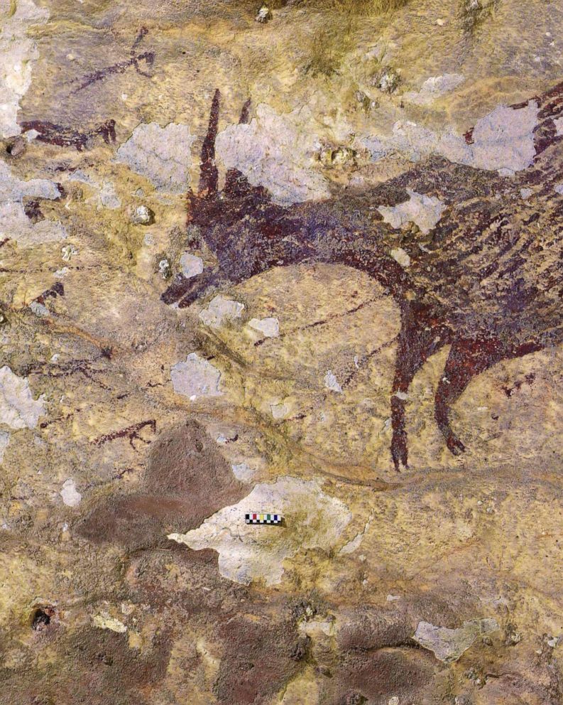 PHOTO:This handout photographreleased by Griffith University, Dec. 11, 2019, shows cave art inside Bulu Sipong 4, Sulawesi, Indonesia. The image depicts a hunting scene painted 44,000 years ago, the oldest known to date. 