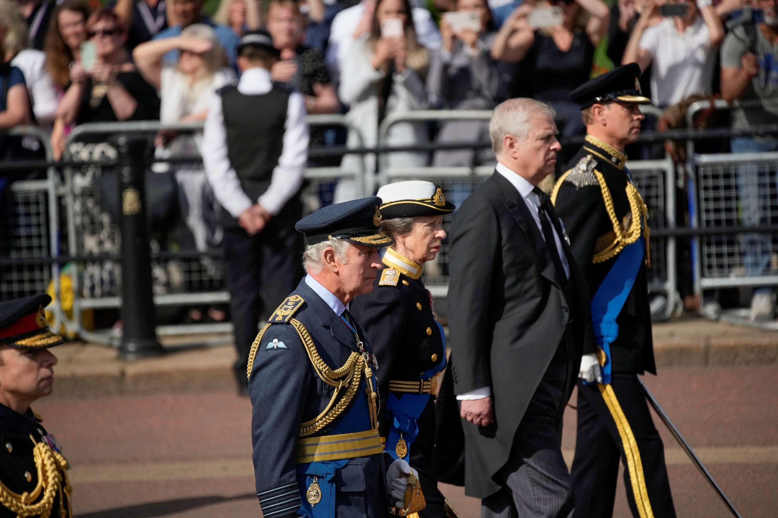 PHOTO: Britain's King Charles III, Princess Anne, Prince Andrew and Prince Edward follow the coffin of Queen Elizabeth II during a procession from Buckingham Palace to Westminster Hall in London, Sept. 14, 2022. 