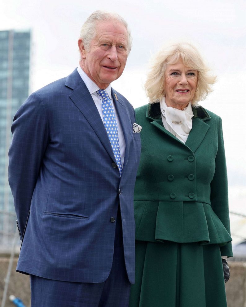 PHOTO: Britain's Prince Charles, Prince of Wales and Britain's Camilla, Duchess of Cornwall arrive for their visit to The Prince's Foundation's "Trinity Buoy Wharf" training site for arts and culture, in east London on Feb. 3, 2022.