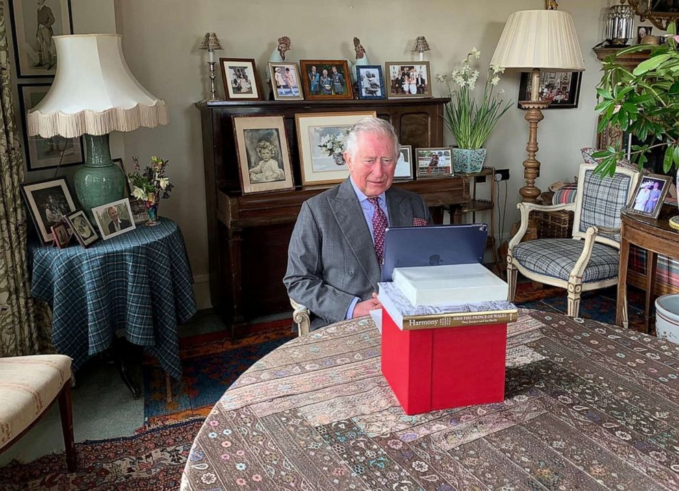 PHOTO: Britain's Prince Charles, who is known as the Duke of Rothesay when in Scotland, sends a video message to the guests at the opening of the NHS Nightingale Hospital in London, from his home in Birkhall, Scotland, April 3, 2020. 