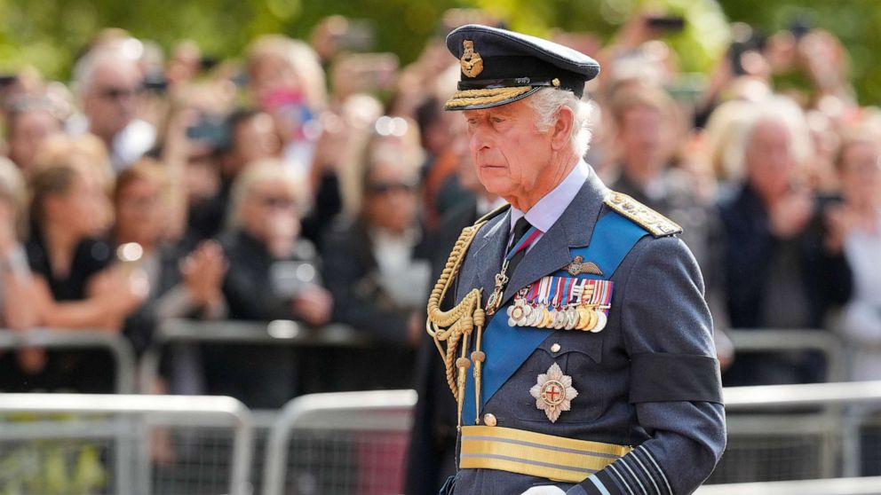 PHOTO: King Charles III walks behind the coffin during the ceremonial procession of the coffin of Queen Elizabeth II from Buckingham Palace to Westminster Hall on Sept. 14, 2022 in London.