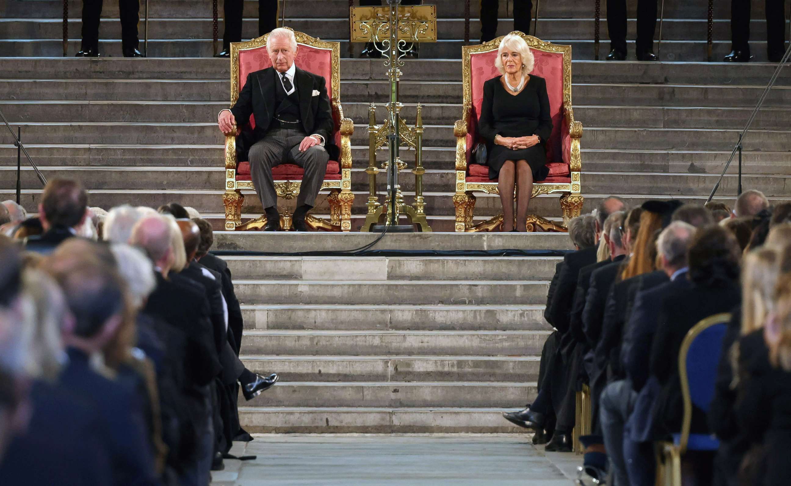 PHOTO: King Charles III and Camilla, Queen Consort attend the presentation of Addresses by both Houses of Parliament in Westminster Hall, inside the Palace of Westminster, central London, Sept. 12, 2022.