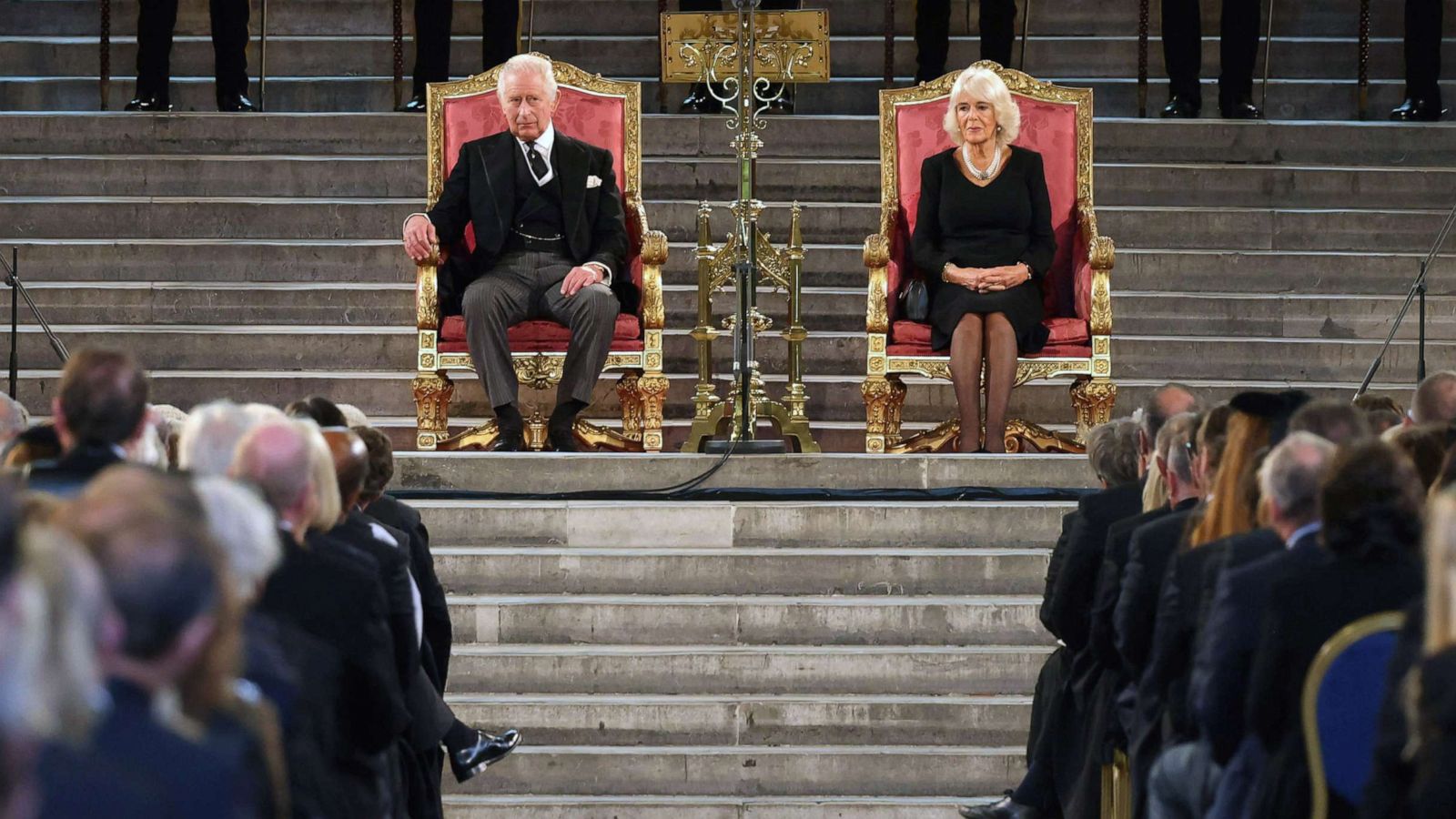 PHOTO: King Charles III and Camilla, Queen Consort attend the presentation of Addresses by both Houses of Parliament in Westminster Hall, inside the Palace of Westminster, central London, Sept. 12, 2022.