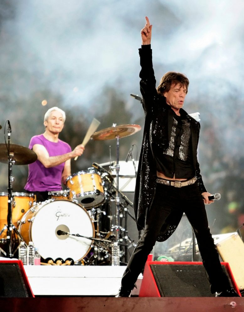 PHOTO: Mick Jagger, right, and drummer Charlie Watts, perform with the Rolling Stones at halftime of the Super Bowl XL football game in Detroit, Feb. 5, 2006.