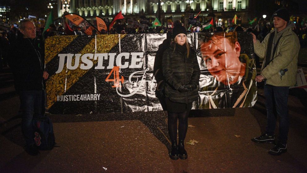 PHOTO: Charlotte Charles, Mother of Harry Dunn joins an anti-Donald Trump protest as NATO Leaders attend a reception at Buckingham Palace in London, Dec. 3 2019.