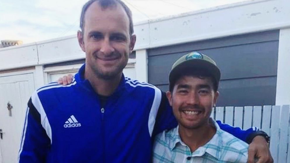 PHOTO: In this October 2018 photo, American adventurer John Allen Chau, right, stands for a photograph with Founder of Ubuntu Football Academy Casey Prince, 39, in South Africa, days before he left for in a remote Indian island of North Sentinel Island.