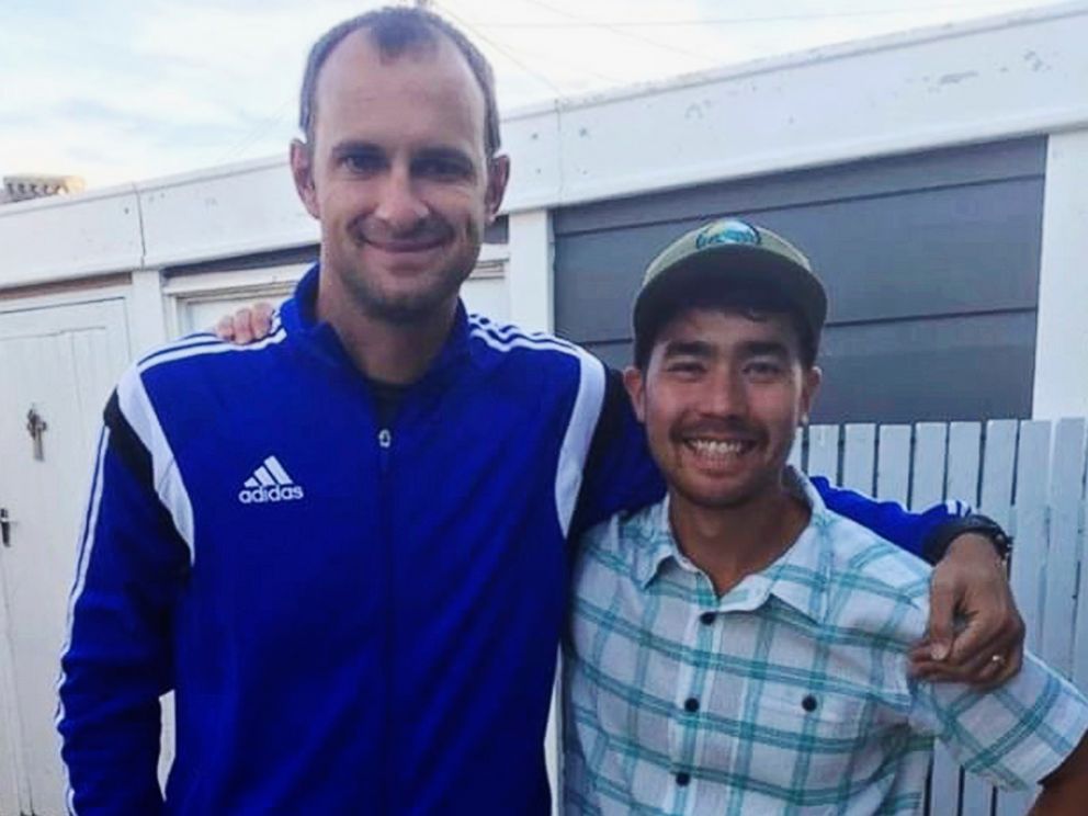 PHOTO: In this October 2018 photo, American adventurer John Allen Chau, right, stands for a photograph with Founder of Ubuntu Football Academy Casey Prince, 39, in South Africa, days before he left for in a remote Indian island of North Sentinel Island.