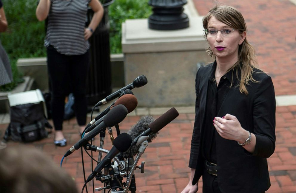 PHOTO: In this May 16, 2019, file photo, former military intelligence analyst Chelsea Manning speaks to the press ahead of a Grand Jury appearance about WikiLeaks, in Alexandria, Va.