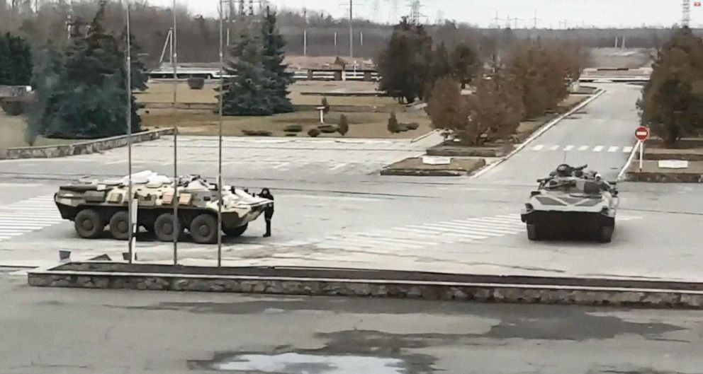 PHOTO: An image taken from video circulating online shows what appears to be Russian vehicles at Chernobyl, Ukraine after Ukraine's prime minister said Russian forces seized the plant, on Feb. 2022.