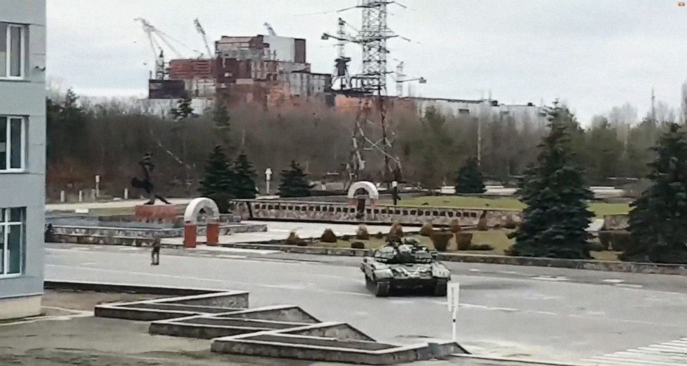 PHOTO: An image taken from video circulating online shows what appears to be Russian vehicles at Chernobyl, Ukraine after Ukraine's prime minister said Russian forces seized the plant, on Feb. 2022.