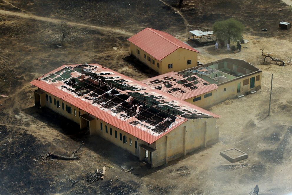 PHOTO: This picture taken on March 5, 2015 shows an aerial view of the charred classrooms of an all-girls boarding school in Chibok, northeastern Nigeria, where Boko Haram militants abducted 276 students on the night of April 14, 2014.