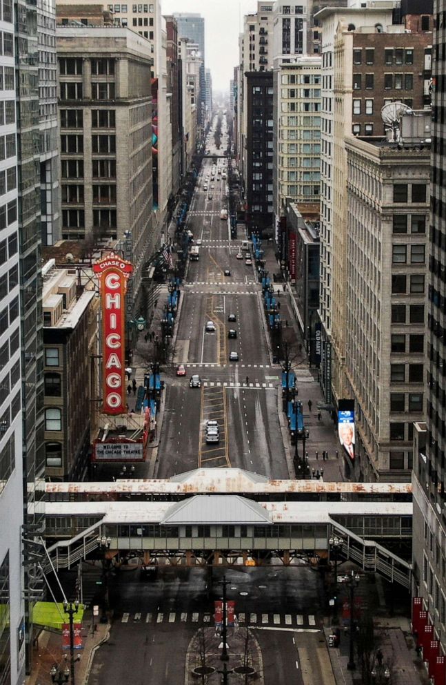 PHOTO: A view of an unusually quiet State Street under the effect of a state-wide stay at home order issued in Chicago, Illinois, March 23, 2020.