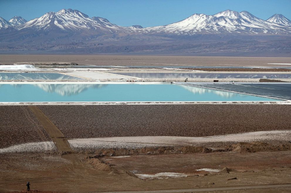 PHOTO: Brine pools from a lithium mine, that belongs US-based Albemarle Corp, is seen on the Atacama salt flat in the Atacama desert, Chile, Aug. 16, 2018.