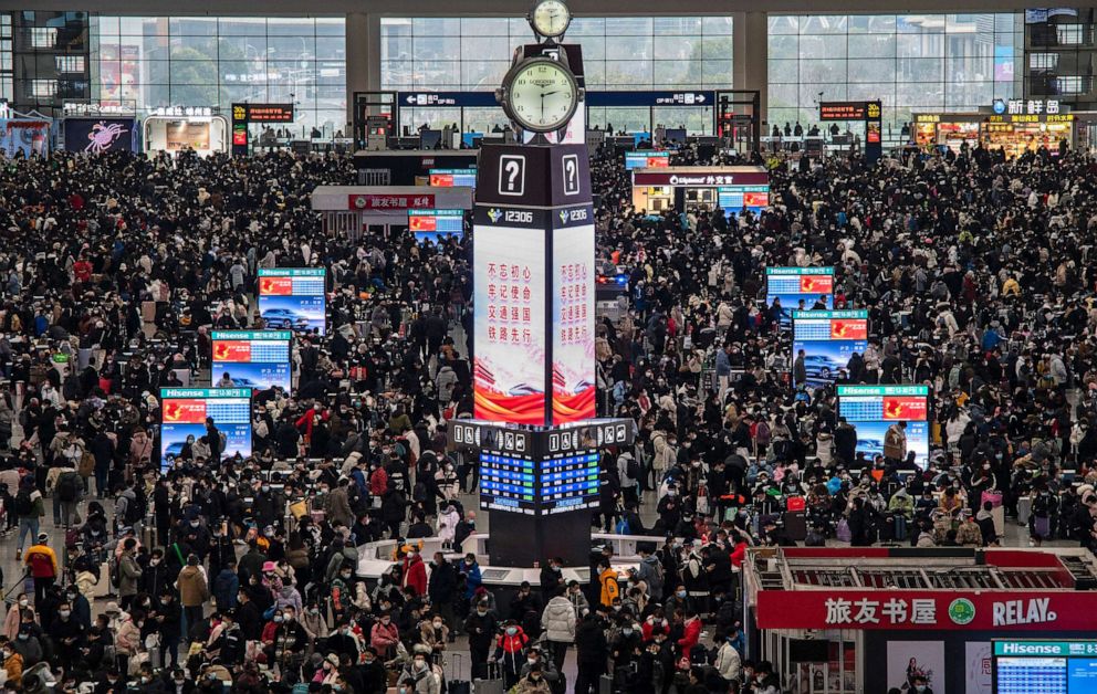 PHOTO: Travellers crowd at the gates and wait for trains at the Shanghai Hongqiao Railway Station during the peak travel rush for the upcoming Chinese New Year holiday on Jan. 15, 2023 in Shanghai, China.