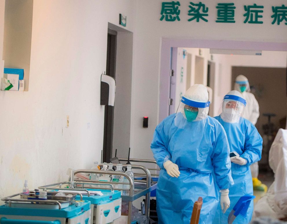 PHOTO: In this photo released by China's Xinhua News Agency, medical personnel wearing protective suits work in the department of infectious diseases at Wuhan Union Hospital in Wuhan in central China's Hubei Province, Jan. 28, 2020.