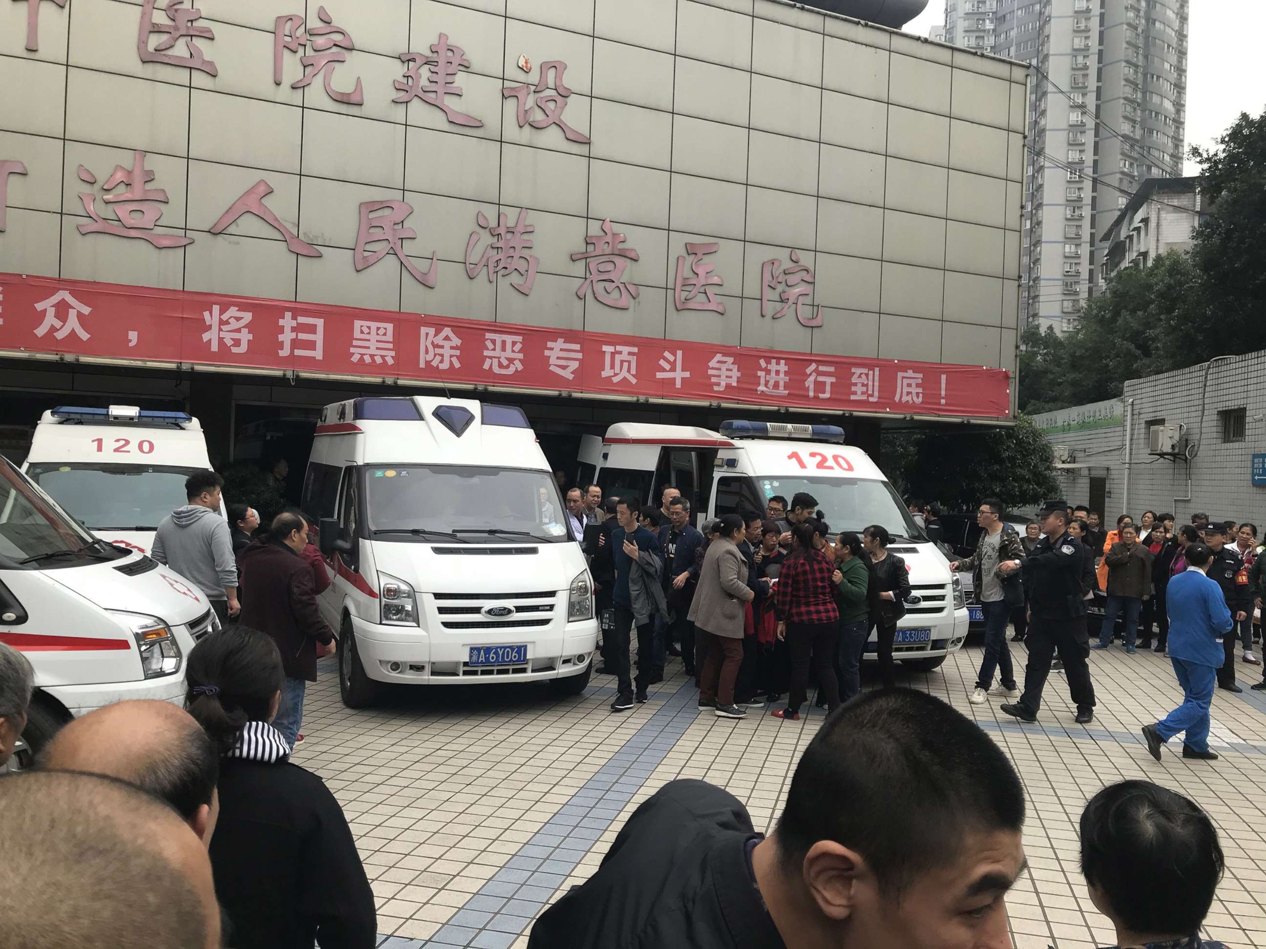 PHOTO: Ambulance cars take injured children to a hospital after several kindergartners were stabbed by a woman on Oct. 26, 2018 in Chongqing, China.