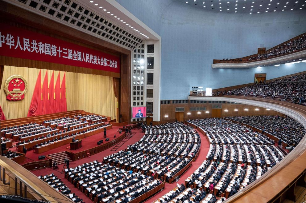 PHOTO: This file photo taken on March 12, 2019, shows a general view of a plenary session of the National People's Congress (NPC) at the Great Hall of the People in Beijing, China.