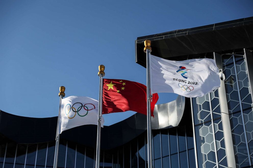PHOTO: ZHANGJIAKOU, CHINA - FEB. 02: Olympic flags and Flag of China are seen at Medal Plaza on February 02, 2022 in Zhangjiakou, China. 