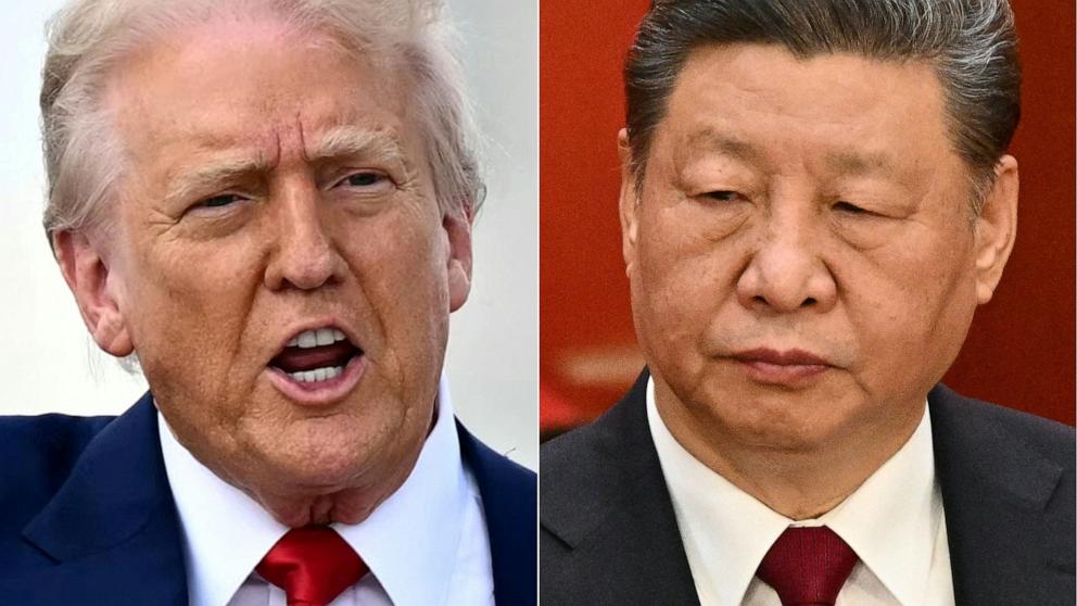 PHOTO: This combination image of two pictures created on April 4, 2025 shows US President Donald Trump (L) in Miami, Florida, on April 3, 2025, and China's President Xi Jinping (R) in Beijing on March 5, 2025.