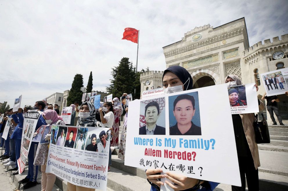 PHOTO: Uyghur Turks living in Istanbul gather in Beyazit Square to protest holding their family members in Chinese camps, Istanbul, July 27, 2020. 