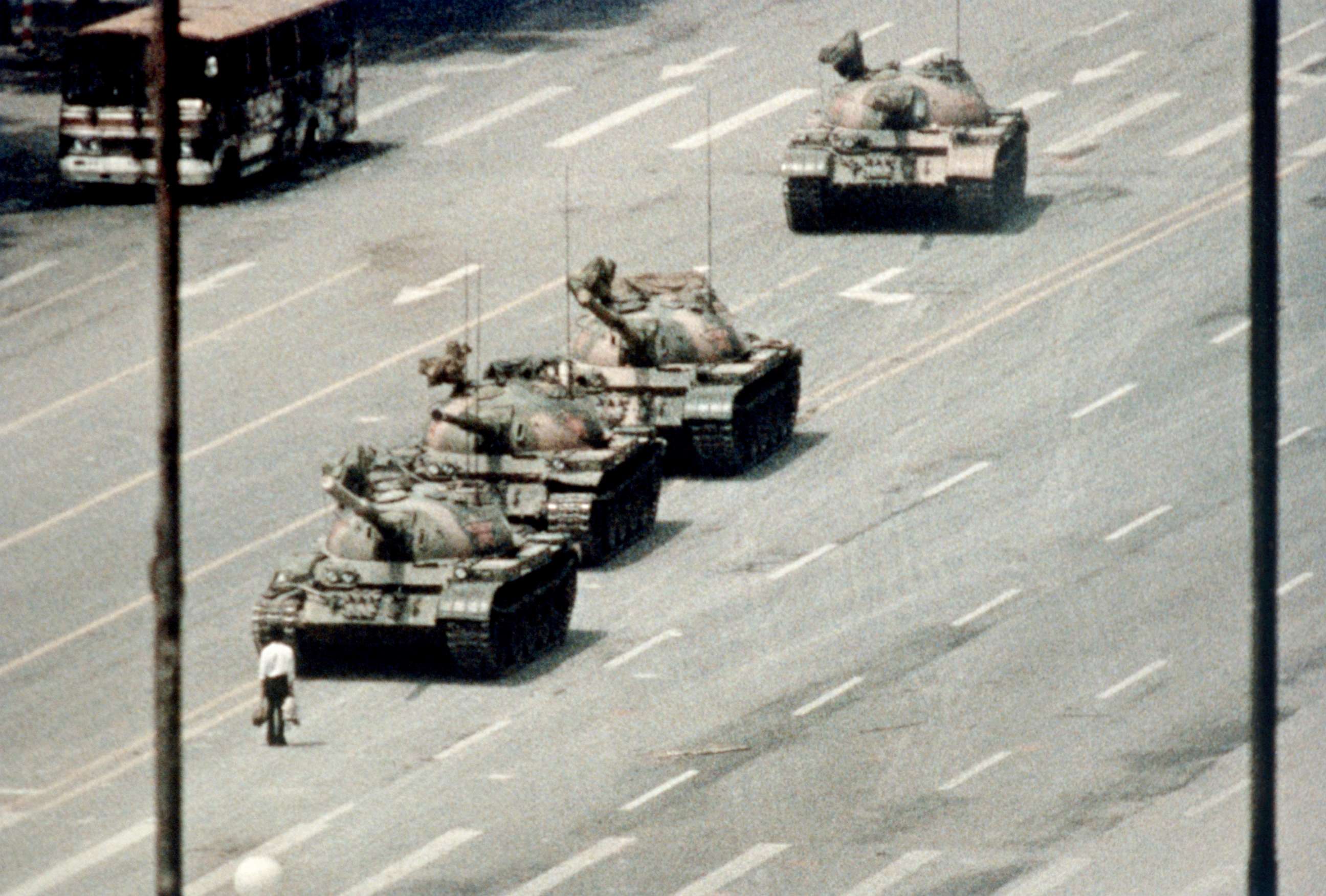 PHOTO: A demonstrator blocks the path of a tank convoy along the Avenue of Eternal Peace near Tiananmen Square in Beijing, June 05, 1989.