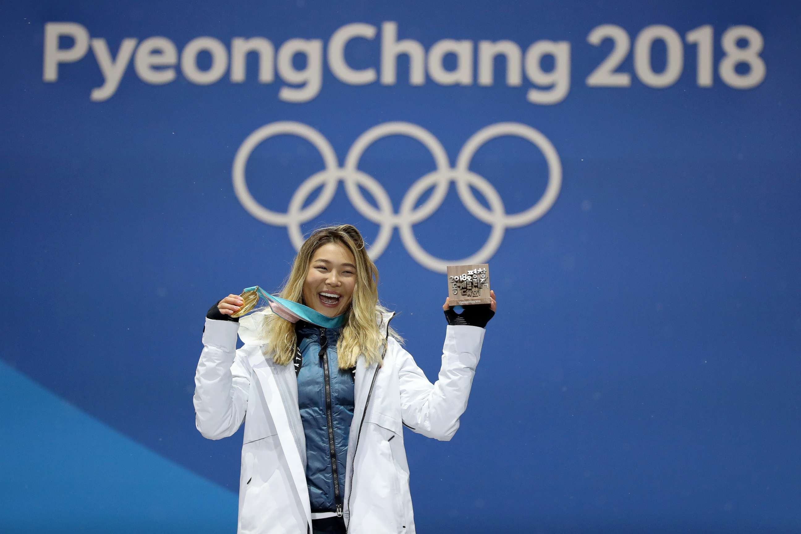 PHOTO: Gold medalist Chloe Kim of the U.S. poses during the medal ceremony for the snowboard ladies' halfpipe final on day four of the PyeongChang 2018 Winter Olympic Games at Medal Plaza, Feb. 13, 2018 in Pyeongchang-gun, South Korea.  