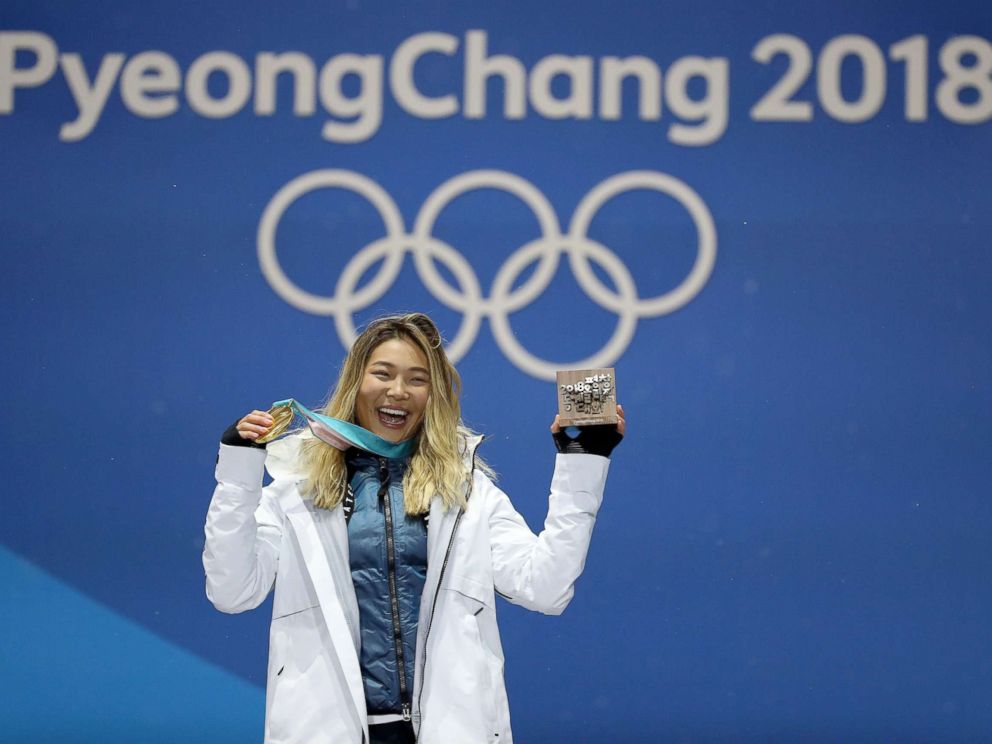 PHOTO: Gold medalist Chloe Kim of the U.S. poses during the medal ceremony for the snowboard ladies halfpipe final on day four of the PyeongChang 2018 Winter Olympic Games at Medal Plaza, Feb. 13, 2018 in Pyeongchang-gun, South Korea. 