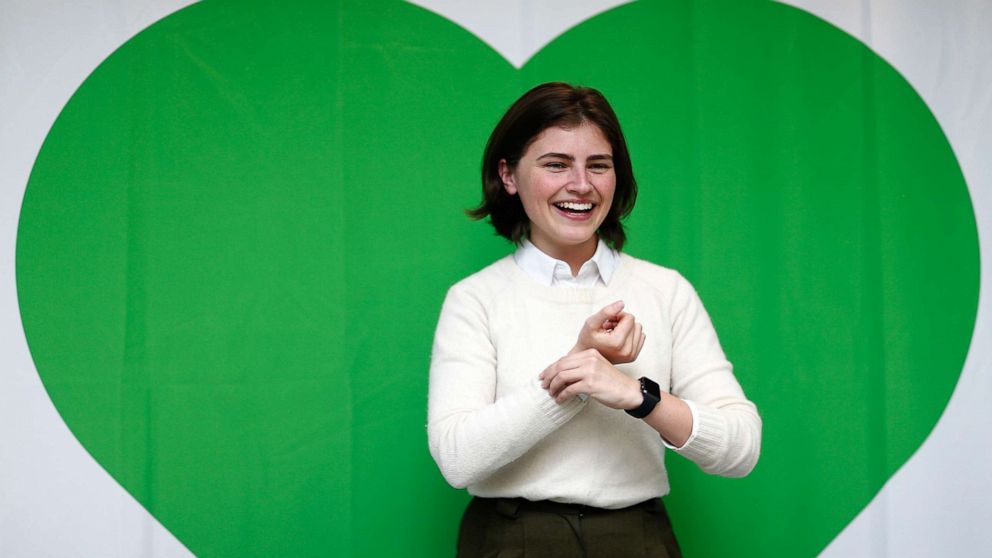 PHOTO: Then-Green Party candidate Chloe Swarbrick laughs during the 2017 Green Party Conference on July 16, 2017, in Auckland, New Zealand.