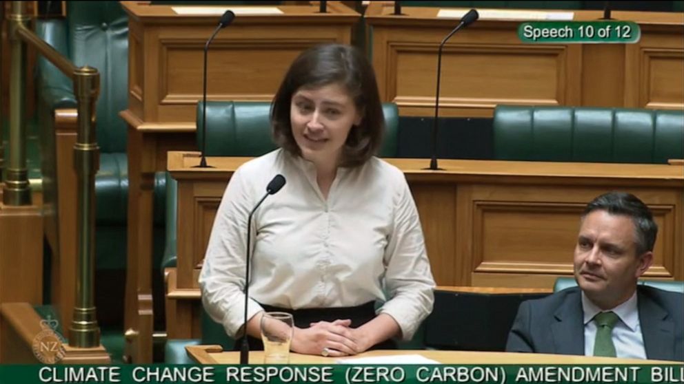 PHOTO: Lawmaker Chloe Swarbrick, a member of New Zealand's Green Party, speaks about climate change in the New Zealand Parliament on Nov. 5, 2019.