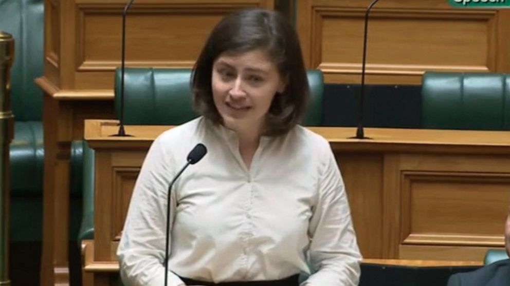 PHOTO: Lawmaker Chloe Swarbrick, a member of New Zealand's Green Party, speaks about climate change in the New Zealand Parliament on Nov. 5, 2019.