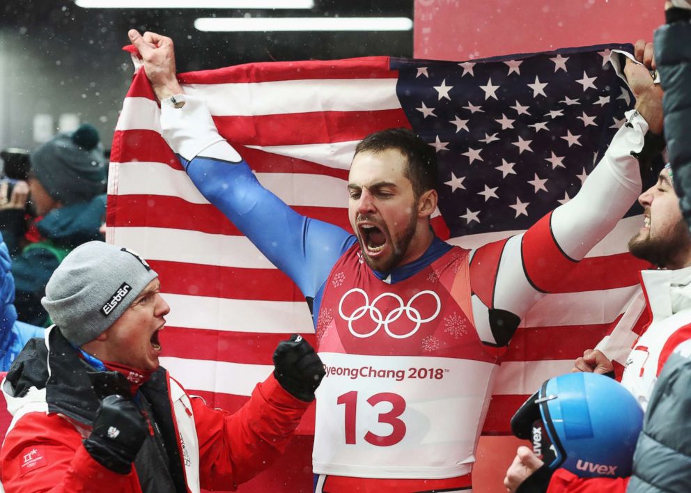 PHOTO: Chris Mazdzer of the U.S. celebrates winning the silver medal during the Luge Men's Singles on day two of the Pyeongchang 2018 Winter Olympic Games, Feb. 11, 2018 in Pyeongchang, South Korea.