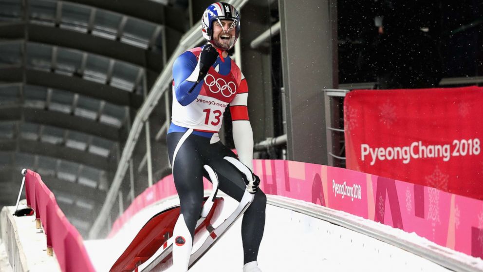PHOTO: Chris Mazdzer of the U.S. celebrates winning the silver medal following run 4 during the luge men's singles on day two of the Pyeongchang 2018 Winter Olympic Games at Olympic Sliding Centre, on Feb. 11, 2018, in Pyeongchang-gun, South Korea. 