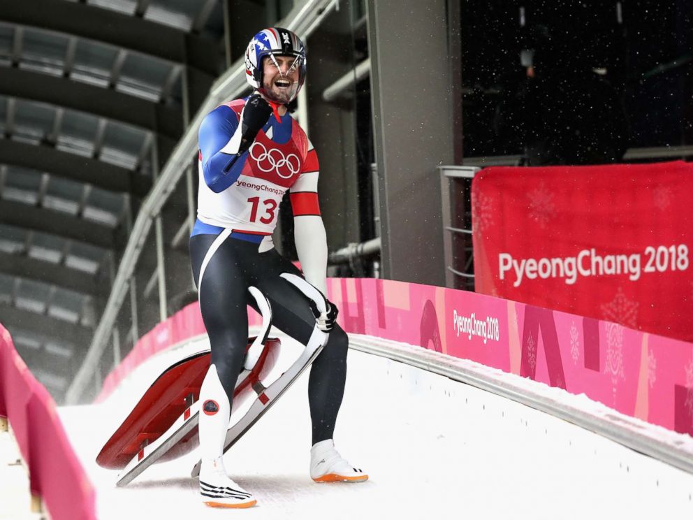 PHOTO: Chris Mazdzer of the U.S. celebrates winning the silver medal following run 4 during the luge mens singles on day two of the Pyeongchang 2018 Winter Olympic Games at Olympic Sliding Centre, on Feb. 11, 2018, in Pyeongchang-gun, South Korea.