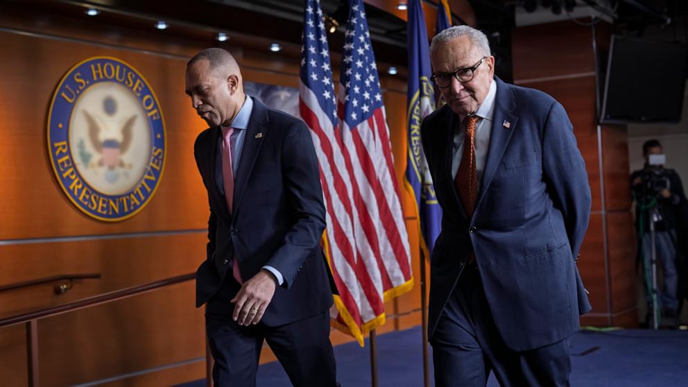 PHOTO: House Minority Leader Hakeem Jeffries and Senate Minority Leader Chuck Schumer depart after speaking to reporters at the Capitol in Washington, Jan. 8, 2026.
