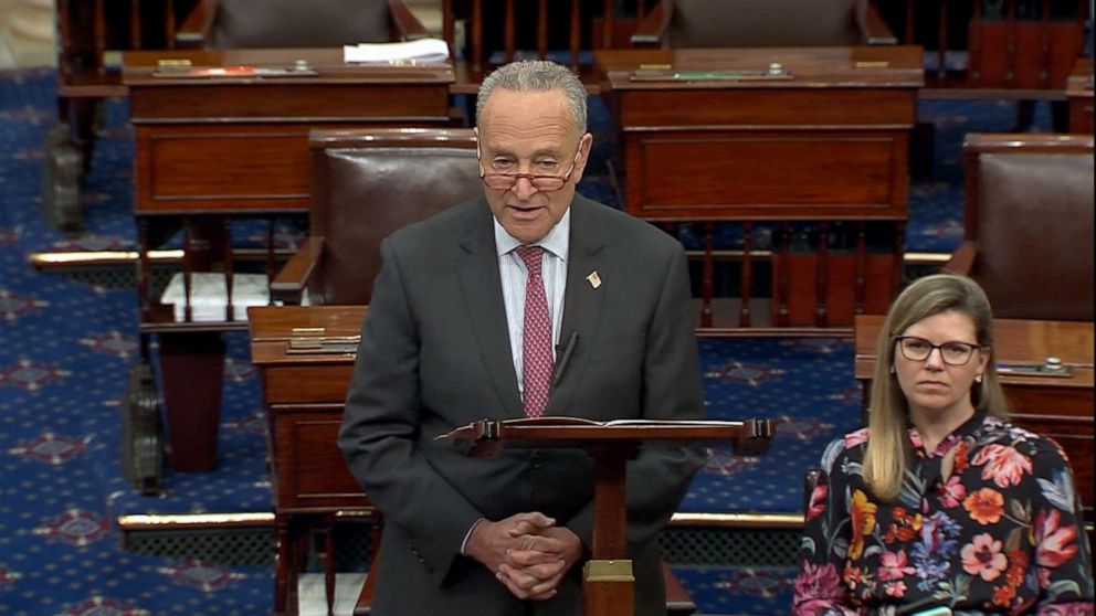 PHOTO: Senator Chuck Schumer speaks on the floor of the Senate, Jan. 6, 2020.