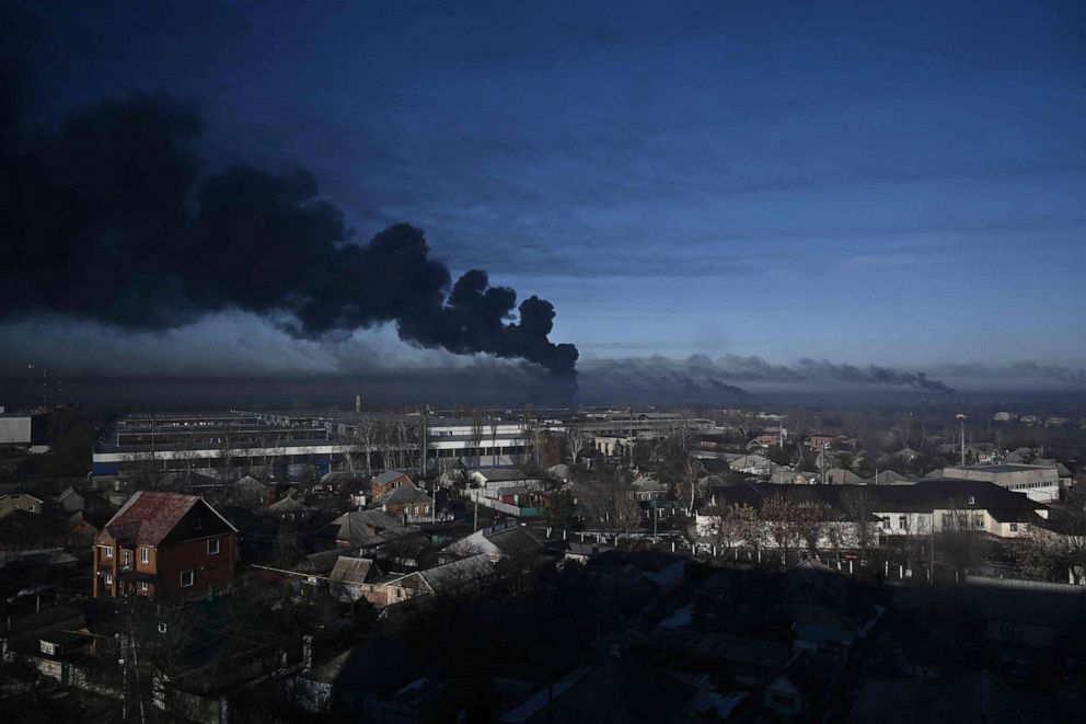 PHOTO:Black smoke rises from a military airport in Chuhuiv near Kharkiv on Feb.24, 2022.