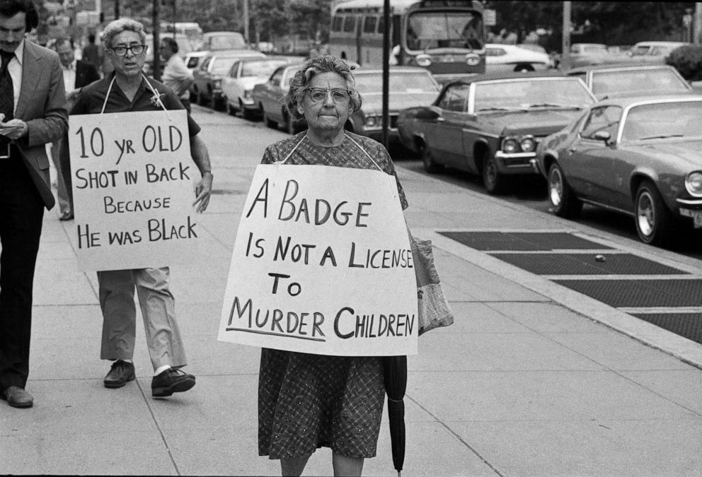 PHOTO: Protesters march outside of the courthouse during the trial of New York City Police Officer Thomas Shea, who shot Clifford Glover, 10, and was acquitted in New York, June 12, 1974.