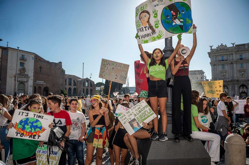 PHOTO: People take part in the climate march 'Fridays for Future', on September 27, 2019 in Rome, Italy.