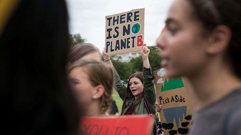 PHOTO: Student environmental advocates participate in a strike to demand action be taken on climate change outside the White House, Sept. 13, 2019, in Washington, D.C.