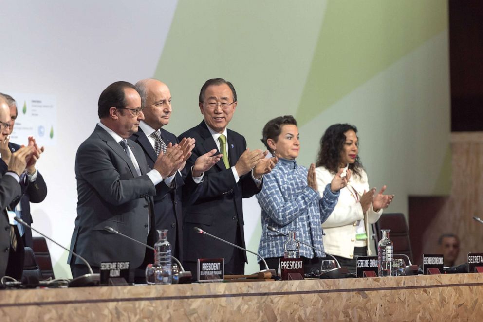 PHOTO:World leaders reach a climate agreement, Dec. 12, 2015, in Paris.