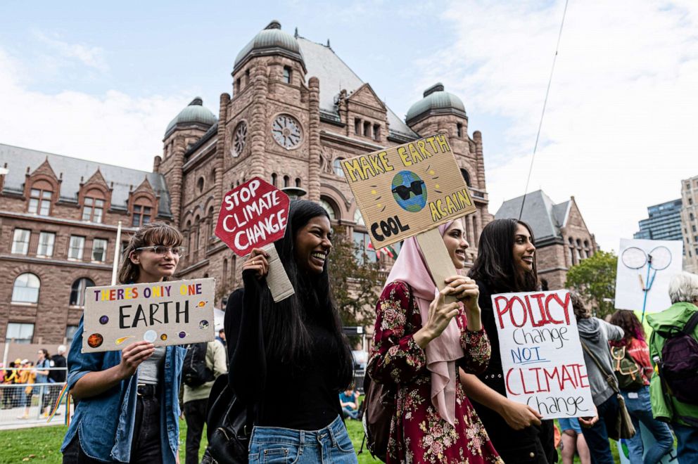 PHOTO: People gather at a climate change protest in Toronto on Friday, Sept. 27, 2019. 