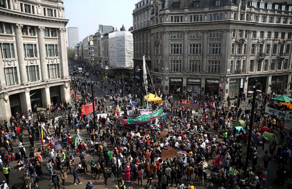 PHOTO: Climate change activists gather at Oxford Circus during the Extinction Rebellion protest in London, April 17, 2019.