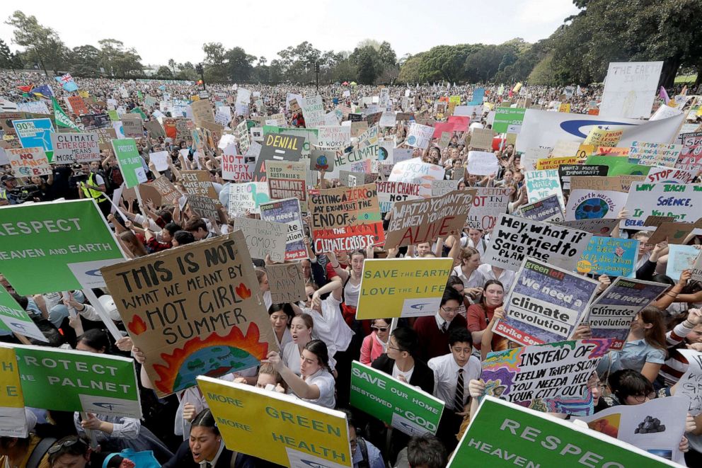 PHOTO: Thousands of protestors, many of them school students, gather in Sydney, Friday, Sept. 20, 2019, calling for action to guard against climate change.