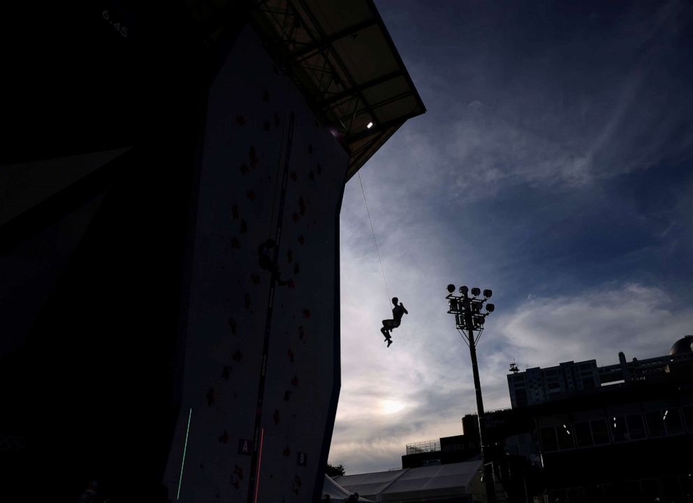 PHOTO: Nathaniel Coleman of the United States competes in the men's speed sport climbing competition on Aug. 5, 2021, in Tokyo, Japan.