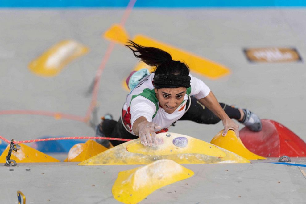 PHOTO: Iranian sport climber Elnaz Rekabi competes during the women's boulder finals of the International Federation of Sport Climbing's Asian Championships in Seoul, South Korea, Oct. 16, 2022.