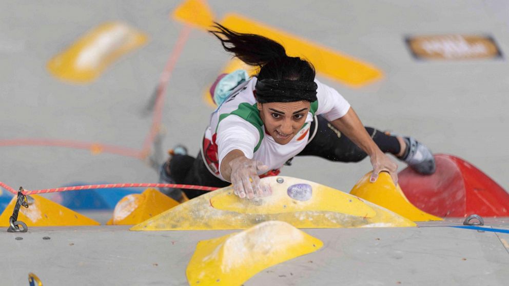 PHOTO: Iranian climber Elnaz Rekabi competes during the women boulder finals of the Asian Championships of the IFSC in Seoul, South Korea, Oct. 16, 2022.