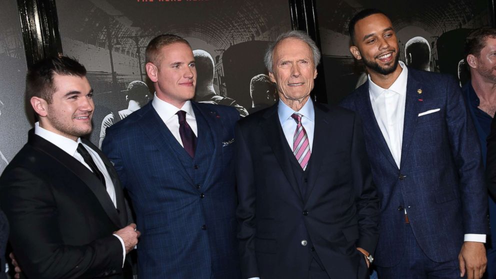 PHOTO: From left, Alek Skarlatos, Spencer Stone, director and producer Clint Eastwood and Anthony Sadler arrive for the world premiere of "The 15:17 to Paris" in Burbank, Calif., Feb. 5, 2018. 